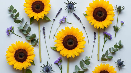 A flat lay arrangement of vibrant yellow sunflowers with dark centers, lavender, eucalyptus, and blue thistles on a white background.の素材
