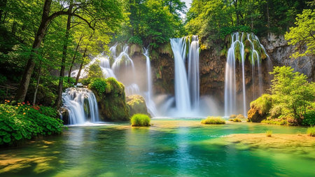 showing lush green forest with multiple cascading waterfalls flowing into a clear turquoise pool surrounded by mossy rocks and vibrant vegetation.の素材