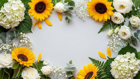 An overhead flat lay of a floral arrangement featuring bright yellow sunflowers, white hydrangeas, and delicate white roses bordering a light gray surface.の素材