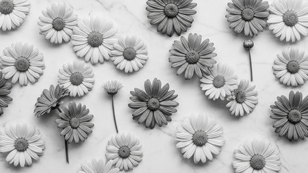 A monochrome arrangement of daisy flowers and buds spread across a white marble surface, showcasing delicate petals and central discs.の素材