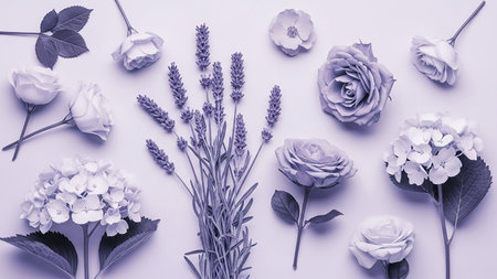 A flat lay arrangement of various purple roses and lavender sprigs on a pale lavender surface, creating a soft and delicate aesthetic.の素材