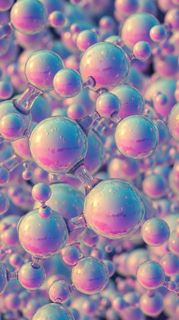 A detailed macro view of a shimmering molecular structure composed of interconnected spheres in shades of pink, blue, and purple, suggesting a scientific or...の素材