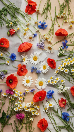 Stock showing overhead view of a scattered collection of vibrant wildflowers including red poppies white daisies and blue cornflowers on a textured fabric...の素材