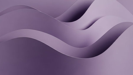 With showing serene abstract background with smooth undulating waves and soft shadows in muted lavender and lilac tones creating a sense of calm and depth keywords:...の素材