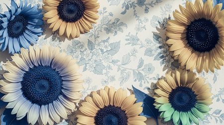 Overhead view of assorted sunflowers with blue and yellow petals arranged on a vintage floral patterned fabric, illuminated by soft natural light.の素材