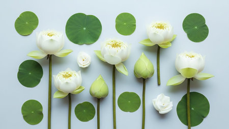 White lotus flowers and round green lily pads are arranged in a clean, symmetrical composition on a pale blue surface, conveying a sense of serenity.の素材