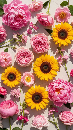 Overhead view of scattered vibrant pink peonies, delicate roses, and yellow sunflowers on a light textured surface.の素材