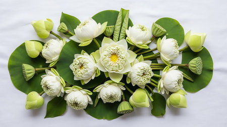 A symmetrical arrangement of white lotus flowers, buds, and vibrant green lily pads is presented from an overhead perspective on a clean white background.の素材