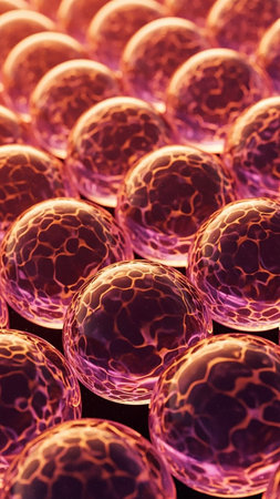 Revealing showing macro view of a repeating pattern of translucent spherical cells with glowing orange and purple internal structures and a dark background...の素材