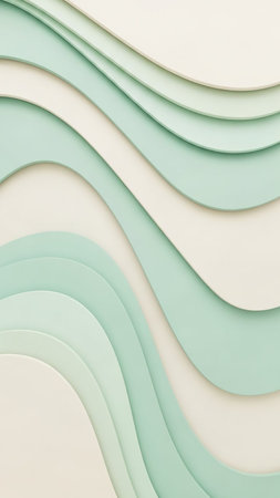 Layered, flowing waves in soft mint green and cream colors create a gentle, rippling effect against a light background, offering a serene visual.の素材