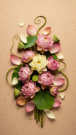 Serene showing overhead view of a delicate arrangement of pink and white lotus flowers and buds with green leaves and tendrils on a textured beige background...の素材