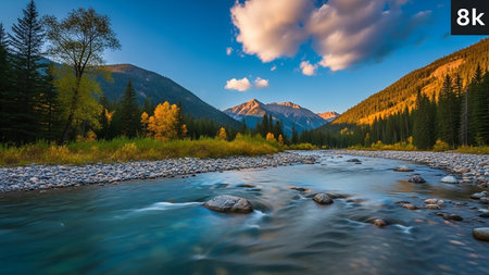 A clear river flows through a mountain valley with vibrant autumn trees. Sunlight illuminates the peaks and a bright blue sky with dramatic clouds.の素材