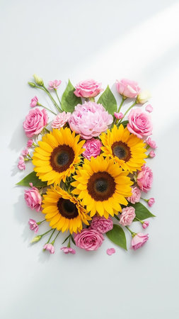 An overhead flat lay of a cheerful floral arrangement with bright yellow sunflowers, pink roses, and pink peonies, set against a clean white background with soft...の素材