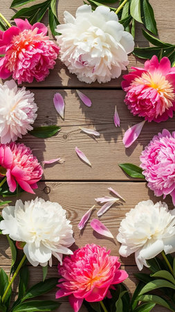 Overhead view of lush pink and white peonies arranged in a circular pattern on weathered wooden planks, with scattered petals and green leaves.の素材
