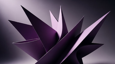 Sculpture showing abstract geometric sculpture made of folded purple paper with sharp edges and dramatic lighting creating shadows and highlights on a dark gradient...の素材