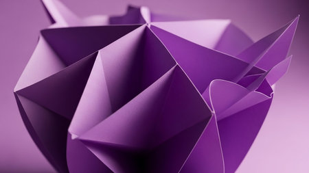 An intricate geometric abstract sculpture crafted from folded purple paper sharp angles and complex facets, creating a dynamic three-dimensional form.の素材