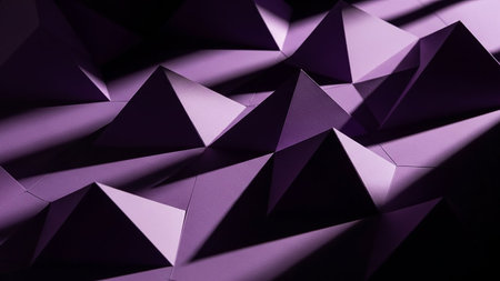 Deep showing geometric origami pyramids in deep purple are arranged in a repeating pattern casting dramatic shadows and highlights creating a textured abstract...の素材