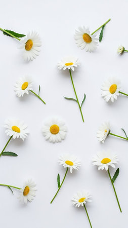 Centers showing scattered white daisy flowers with yellow centers and green stems on a clean white background. resolution use.の素材