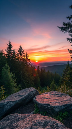 A dramatic sunrise over a mountain forest, with a fiery orange sky illuminating the scene and large rocks in the foreground.の素材