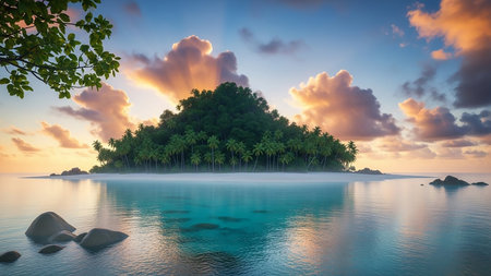 A verdant tropical island with a white sand beach and clear turquoise water is set against a dramatic sunset sky filled with fluffy clouds.の素材