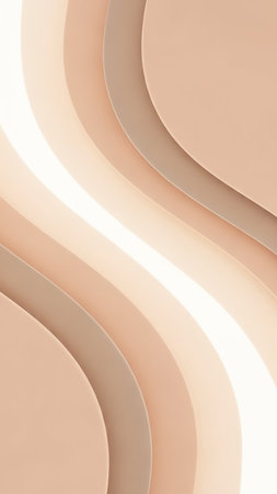 A vertical abstract composition featuring overlapping smooth curves in warm beige and tan tones, illuminated by a bright light in the center.の素材