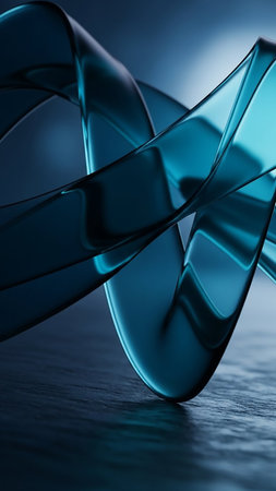 An abstract, swirling ribbon of translucent blue glass twists and turns, reflecting light against a dark, textured surface.の素材