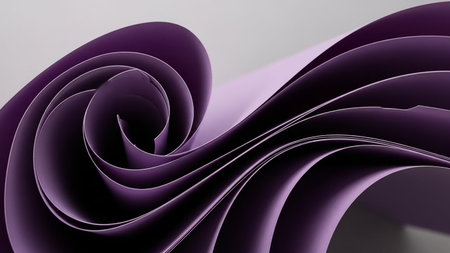 Abstract composition of swirling deep purple and lavender paper layers forming a dynamic wave pattern with strong shadows.の素材