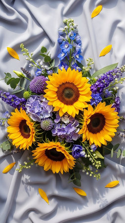 A bouquet of sunflowers, hydrangeas, and delphiniums is elegantly draped on soft grey silk fabric with scattered petals.の素材