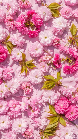 A dense arrangement of pink cherry blossoms and fuchsia peonies covers a soft pink fabric, creating a vibrant floral pattern.の素材