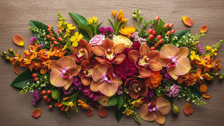 A rich floral arrangement showcases orange and peach orchids, pink roses, yellow wildflowers, and red berries scattered across a textured wooden surface.の素材