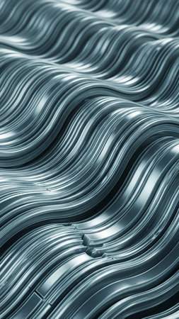 An abstract metallic surface with flowing wavy lines and subtle reflections in cool silver and blue tones, creating a sense of depth.の素材