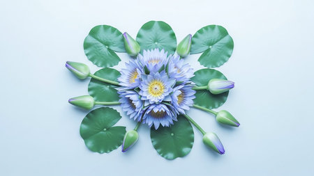 Bloom showing arrangement of delicate pale blue water lilies and green lily pads creating a symmetrical floral mandala pattern on a soft blue background keywords:...の素材