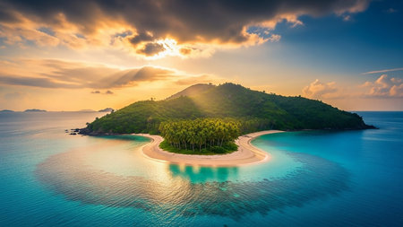 An aerial view captures a tropical island paradise with a white sand beach, palm trees, and clear turquoise water, bathed in the warm light of a dramatic sunset.の素材