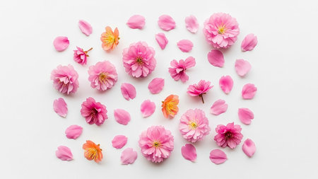 Scattered showing assortment of delicate pink cherry blossom flowers and petals artfully arranged on a clean white background in a flat lay composition keywords:...の素材