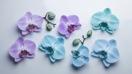 Bloom showing assortment of delicate light purple and soft blue orchid flowers with green buds arranged on a clean white background in a down studio shot keywords:...の素材