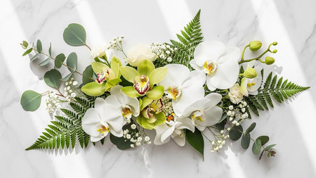 An arrangement of white and green orchids, ferns, and eucalyptus leaves on a white marble surface with dappled light.の素材