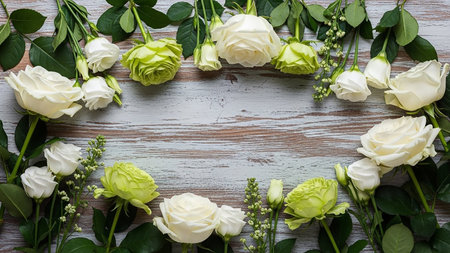 Leaves showing arrangement of fresh white and light green roses and buds with green leaves forming a circular frame on a rustic wooden surface. resolution...の素材