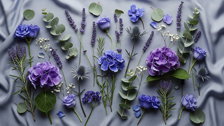 A flat lay arrangement of various purple and blue flowers including hydrangeas, roses, lavender, and thistles, interspersed with eucalyptus leaves on a textured...の素材