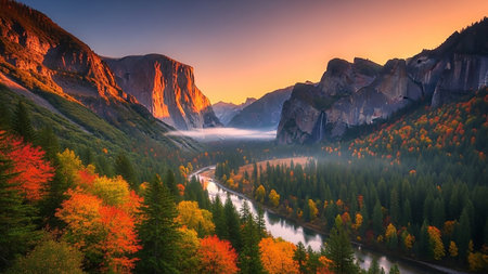 A vast valley at sunrise, with golden light illuminating rugged mountains. A river winds through a dense forest displaying vibrant autumn colors and morning mist.の素材