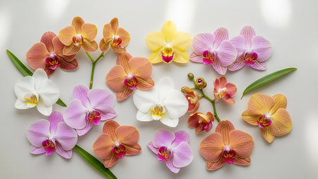 Bloom showing assortment of colorful orchid flowers in shades of white, yellow, pink, and peach arranged on a plain light gray background keywords: orchids,...の素材