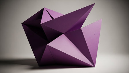 Purple showing sharp geometric origami sculpture in vibrant purple with sharp edges and angular planes creating a modern abstract piece with dramatic lighting and...の素材