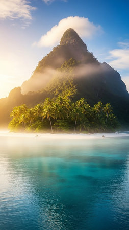 A tropical island scene with a mist-shrouded green mountain, a fringe of palm trees, white sand, and crystal-clear turquoise ocean water.の素材
