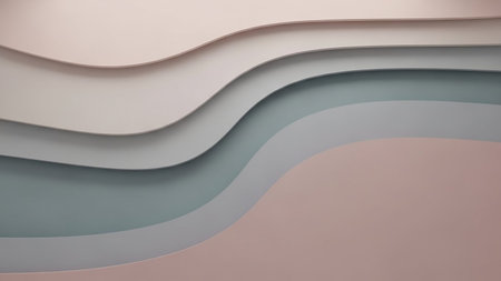 Abstract background featuring soft, layered waves in muted pastel shades of pink, grey, and teal, with subtle shadows creating depth.の素材
