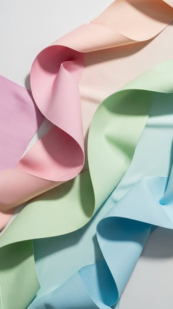 Soft pastel fabric ribbons in pink, lavender, mint green, and sky blue gently curve and overlap against a clean white background.の素材