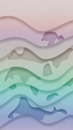 An abstract featuring layered, wavy shapes in soft pastel colors like pink, purple, green, and blue. The gentle curves and cut-out forms create a serene, ethereal...の素材