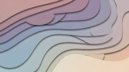 Soft pastel waves of pink, beige, and blue are layered with gentle shadows, creating a serene and organic abstract background texture.の素材