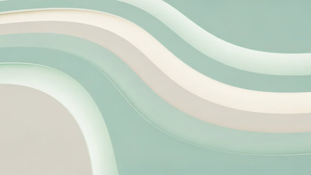 Abstract composition featuring flowing, curved bands in pale green and creamy beige with soft gradient lighting and subtle shadows.の素材