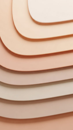 Abstract composition of layered curved paper sheets in a gradient of warm beige and pale peach tones, creating a gentle background with subtle shadows.の素材