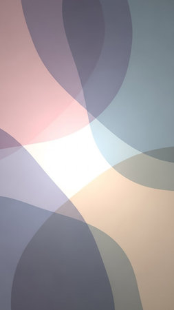 Translucent organic shapes in soft pastel pink blue and peach hues overlap creating a gentle gradient effect with a bright white illuminated center.の素材