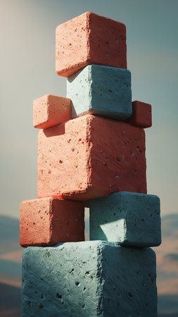 Landscape showing stacked rough textured cubic blocks in coral and dusty blue hues balanced precariously against a hazy sky and distant landscape keywords: blocks,...の素材
